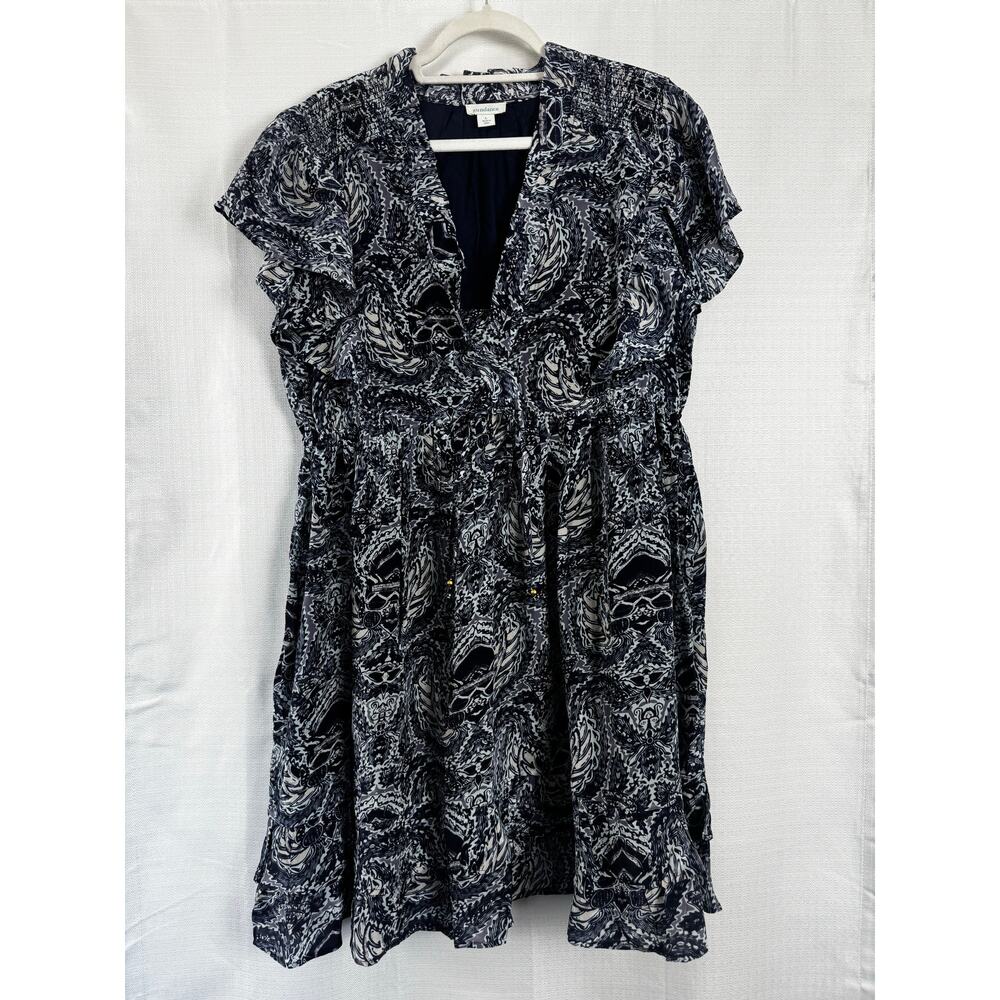 Sundance Blue‎ White Print Dress Boho Flutter Sleeve Pockets L
